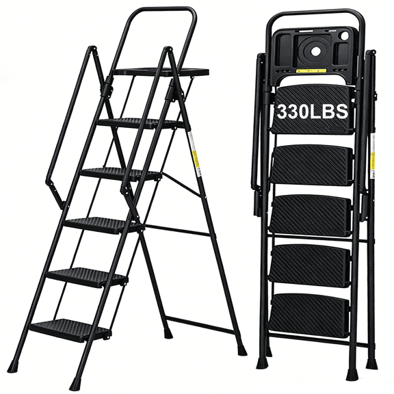 5 Step Ladder Folding Step Stool with Handrail & Tool Platform, Up to 68.5", Easy to Fold Storage, 330LBS Max Load, Lightweight, Anti-Slip Textured Wide Pedal, Home Kitchen Garden Indoor Outdoor