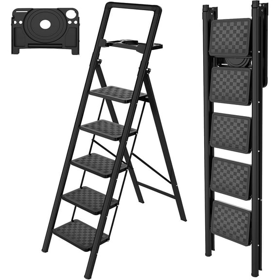 5 Step Ladder, Folding Step Stool, Portable Sturdy Steel for Adults with Wide Pedals Home Outdoor Kitchen, Black