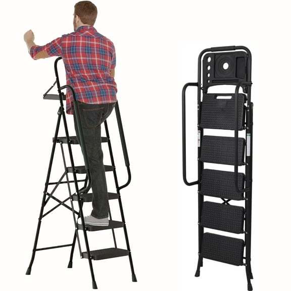 5 Step Ladder with Handrails, Foldable Ladder with Tool Plateform, Little Giant Ladder, Ladders for Home, Heavy Duty Step Ladder with Non-Slip Wide Pedal, 330LBS Portable Safety Stairs