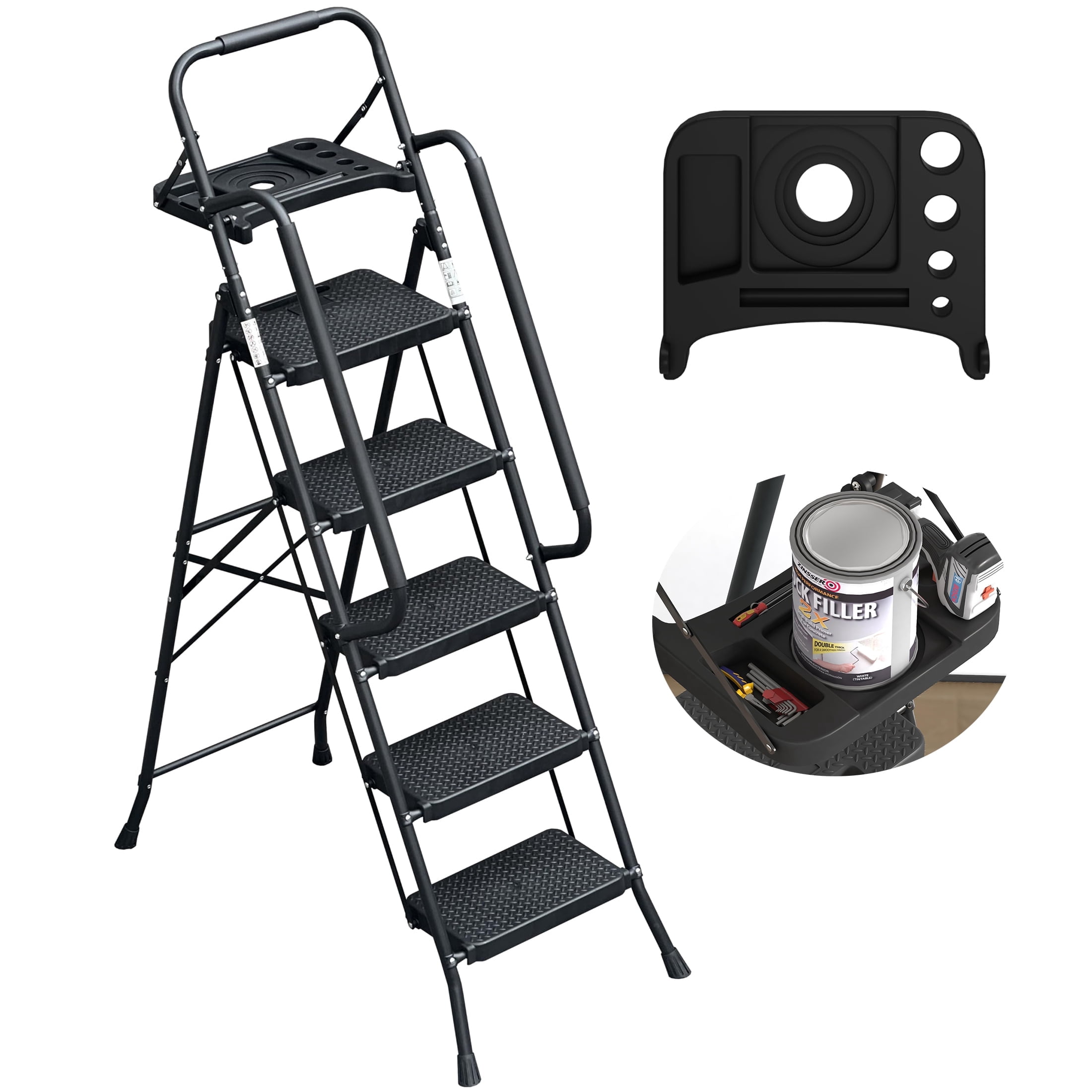 5 Step Ladder with Handrails & Tool Tray, 500 lb Folding Step Stool ...