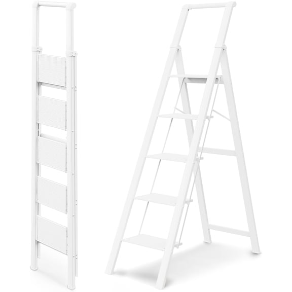 5 Step Ladder, Ladders for Home, Anti-Slip Pedals, Step Stool Foldable, Lightweight to Move, Ease of Storage, Reach 10ft for Closet Kitchen Library, Hold 300lbs - White