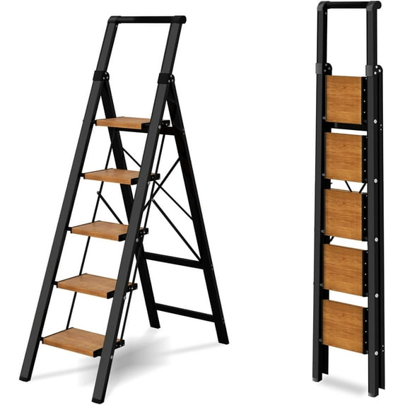 5 Step Ladder, Lightweight Folding Step Stool with Anti-Slip Aluminum Wide Pedal& Convenient Handgrip, 330lbs Capacity Steel Ladder for Household and Office (Black&Woodgrain)