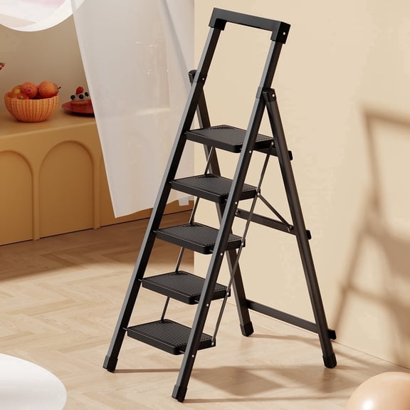 5 Step Ladder with Platform,Folding Step Stool Heavy Duty,Protable Step Ladders with Anti-Slip Widen Pedals,Handrail,Safe-Lock Design,Tall Kitchen/Closet Step Ladder for Adults