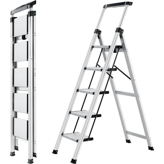 5 Step Ladder, Retractable Handgrip Folding Step Stool with Anti-Slip Wide Pedal, Aluminum Stool Ladders 5 Steps, 330lbs Safety Household Ladder
