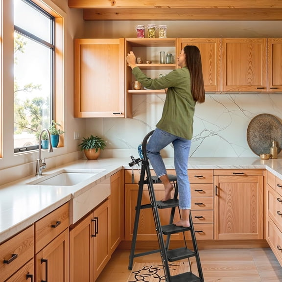 5 Step Ladder with Tool Storage Tray, Folding Step Stool with Wide Anti-Slip Pedal Handle, Sturdy Steel Tall Step Ladder Portable for Adults, 330lbs Capacity Lightweight for Office, Black