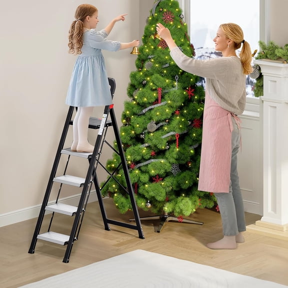 5 Step Ladder with Tool Tray, Folding Step Stool with Aluminum Non-Slip Pedals, Sturdy Ladder for Adult, Portable Lightweight Ladders for Home, Kitchen, Garage