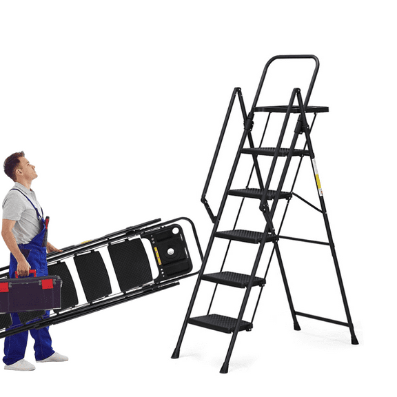 5 Step Ladder with Tool Tray, Folding Step Stool with Handrails, Sturdy Steel Ladder with Wide Anti Slip Pedal, Safety Locking, for Painting Home Garden Outdoor Garage