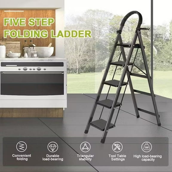 5 Step Ladder with Anti-Slip Pedals Foldable Steel Step Stool with Tool Tray 300LBS Load Capacity Portable Ladder for Home Kitchen Library Office