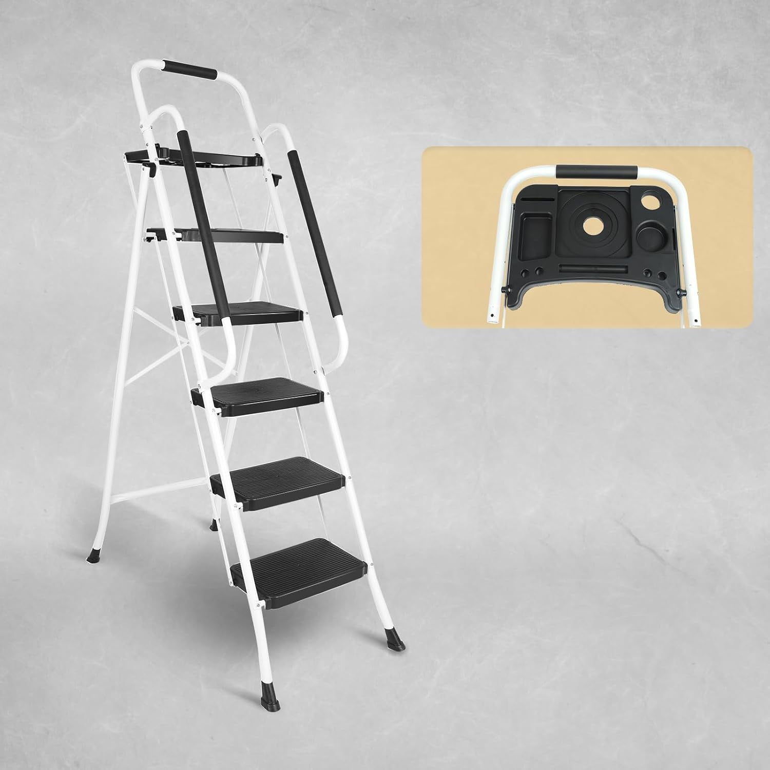 5 Step Ladder with Handrails, Folding Step Stool with Tool Tray