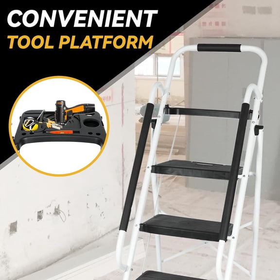 5 Step Ladder with Handrails Tool Tray Platform 330 lbs Folding Steel Step Stool for Kitchen Pantry Home Office Library White