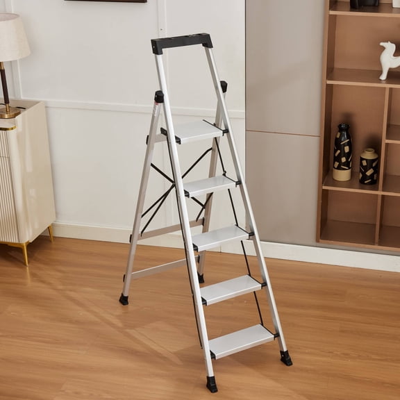 Jocauto 5 Step Ladder with Tool Tray, 330lbs Capacity Aluminum Folding Step Stool, Anti-Slip & Lightweight for Kitchen, Warehouse, Outdoor Work