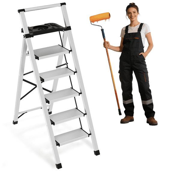 5 Step Ladder with Tool Tray - 600lbs Heavy Duty Lightweight Step Stool with Extended Handrails, Work Platform for Home Maintenance & DIY Projects