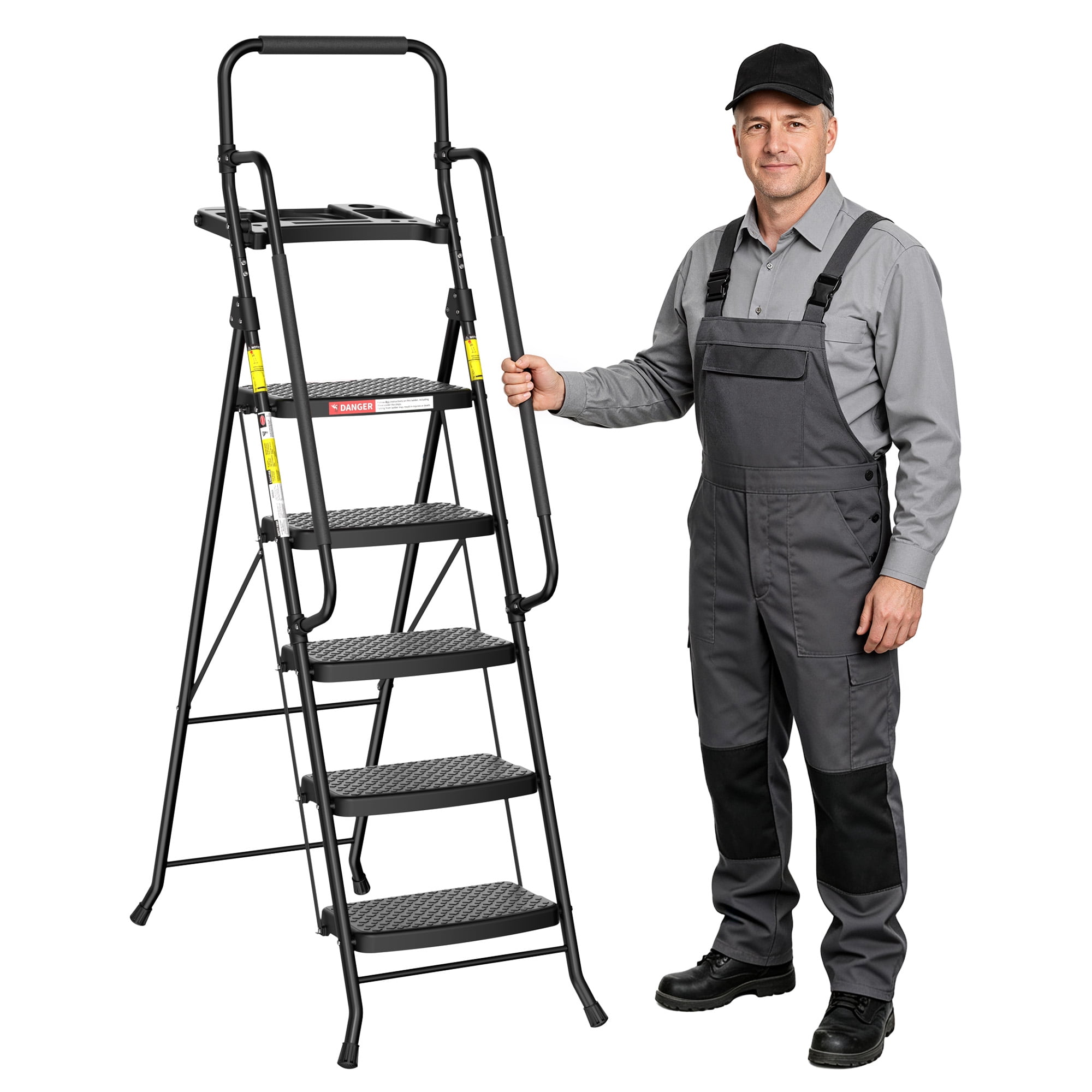 5 Step Ladder with Tool Tray and Handrails, Folding Stool with Wide ...