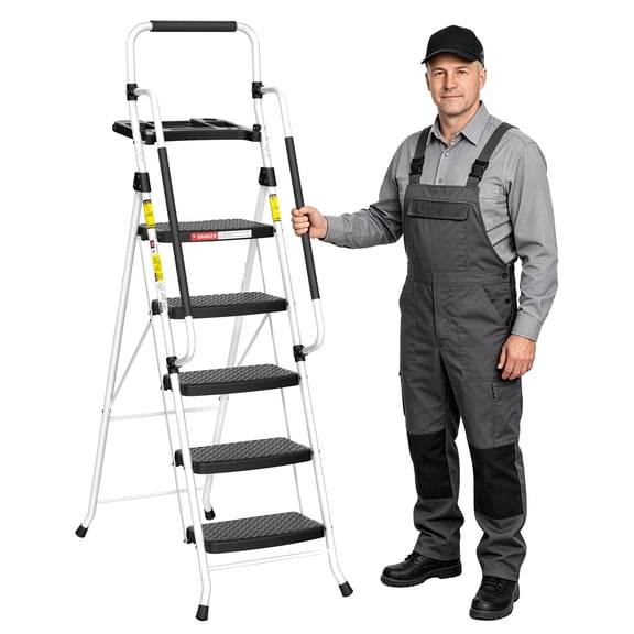 5 Step Ladder with Tool Tray and Handrails, Folding Stool with Wide Anti-Slip Pedal, Portable Folding Ladders for Home, White