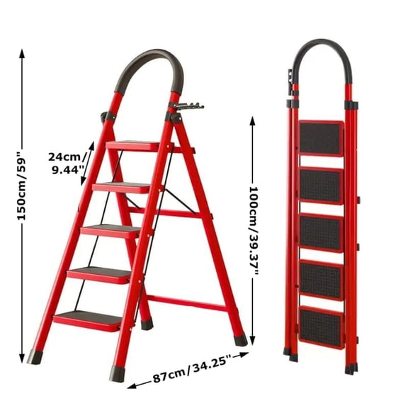 5 Step Lightweight Folding Step Ladder steel Step Stool with Widened Anti-Slip Strip Pedal Convenient Handgrip,Multi-use for Household and Office-red
