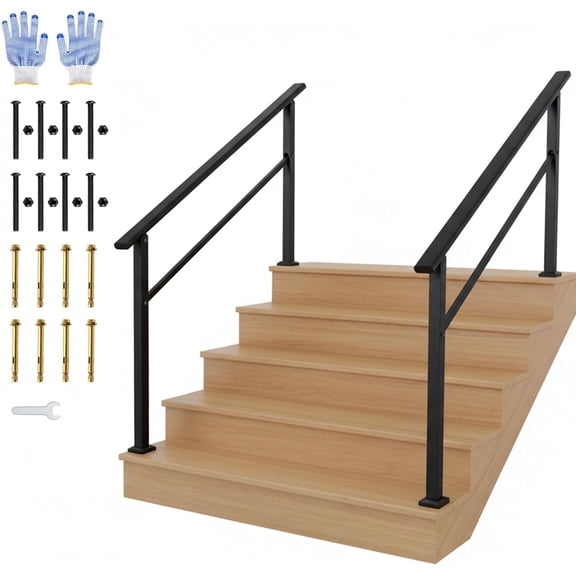 5-Step Outdoor & Indoor Stair Handrail Kit, Black Aluminum Railing with Iron Posts, ADA-Compliant Safety Porch Railing, Corrosion-Resistant, Non-Slip Grip, Hardware & Gloves Included-2 PACK