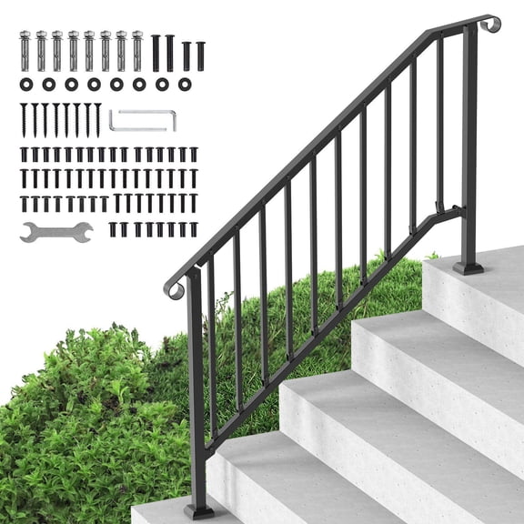 5 Step Outdoor Stair Railings Kit Senior Friendly Transitional Style Carbon Steel Handrail for Concrete Steps Porches Terraces Black Retro Arched Design