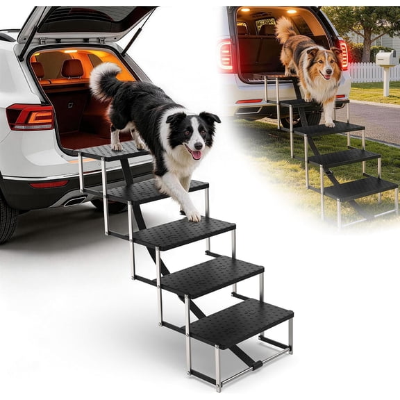 5-Step Stairs for Large Dogs, SUV, & High Bed, 230lbs | Portable Height-Adjustable Stairs for SUVs, and High Beds with Non-Slip Surface, Secure Handle and 230 lb Capacity