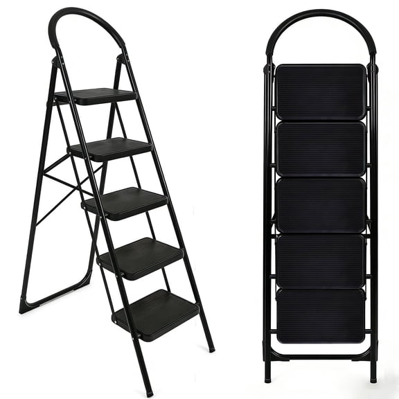DQQKMM 5 Step Ladder, Folding Step Stool With Extra Wide Anti-Slip Pedal 330 Lbs Capacity (Black)