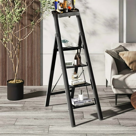 5-Step Telescopic Ladder, Heavy-Duty Metal Folding Ladder for Closet, Garage & Bathroom Use
