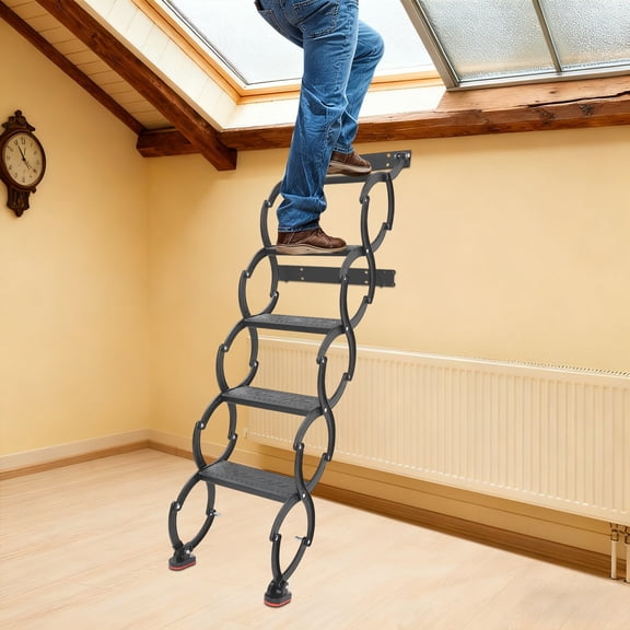 5-Step Wall Mounted Folding Ladder, Black Retractable Telescoping Step Stairs For Factory Buildings, Villas, Attics, Garages, Rooftops, Basements