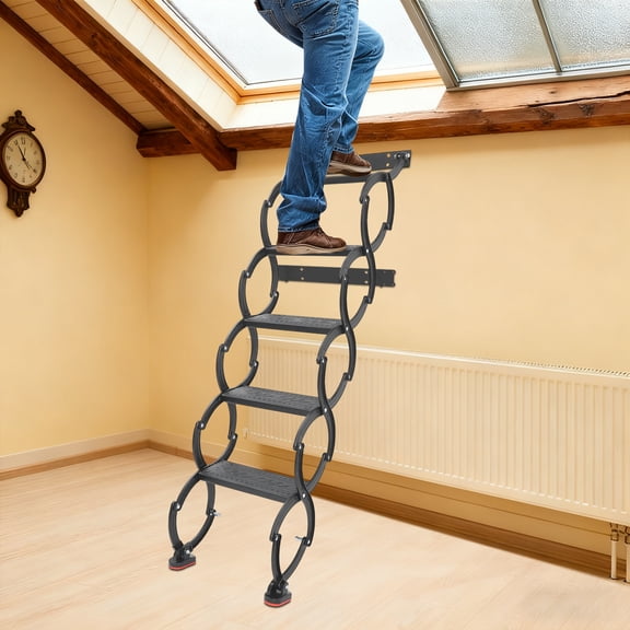 5-Step Wall Mounted Folding Ladder, Black Retractable Telescoping Step Stairs