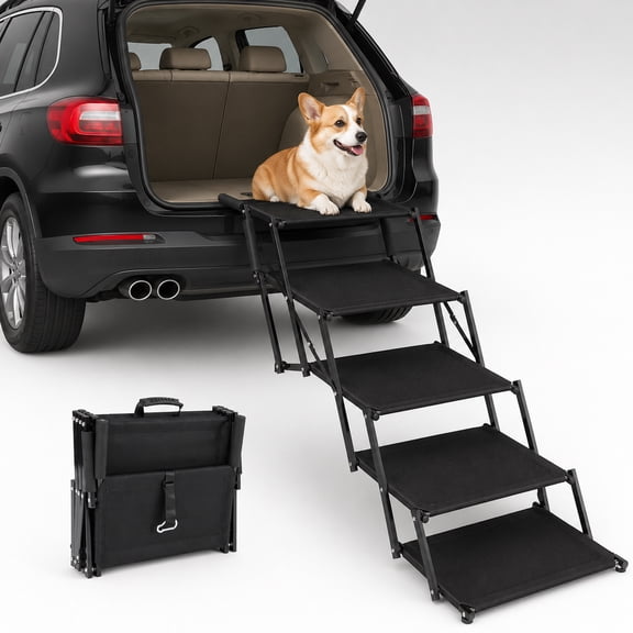 5 Steps Extra Wide Dog Stairs for Large Dogs, Foldable Dog Ramp for Car with Non-Slip Surface, Dogs Stairs for Cars, High Beds, Truck, Supports up to 250 lbs