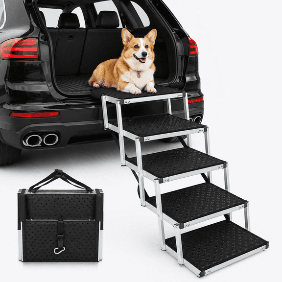 5 Steps Extra Wide Dog Stairs for Large Dogs, Foldable Dog Ramp for Car with Non-Slip Surface, Dogs Stairs for Cars, High Beds, Truck, Supports up to 250 lbs