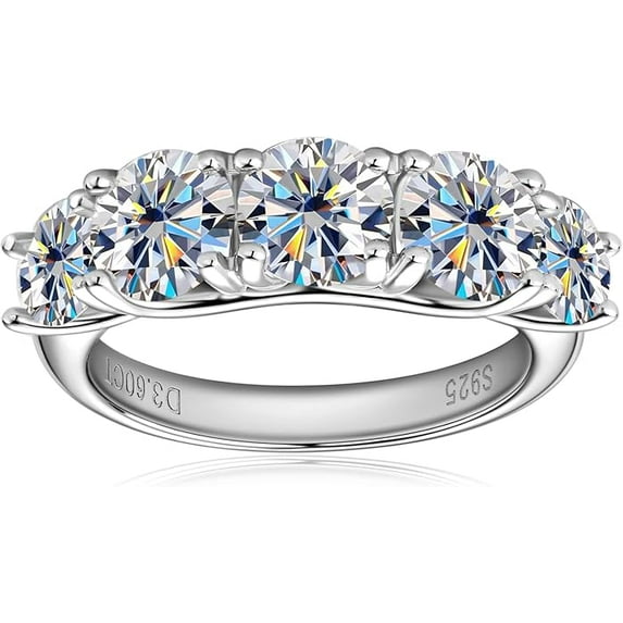 5-Stone Moissanite Half Eternity Ring Wedding Band - 3.6 Carat D Color Lab-Created Diamond, Platinum Plated Silver Anniversary or Engagement Ring for Women
