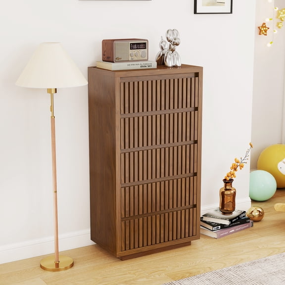 Fluted Tall 5 Drawer Dresser Wood Chest of Drawers Mid Century Dresser Modern Closet Clothes Organizer Wooden for Bedroom Living Room