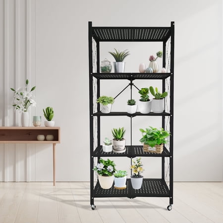 5-Storage Shelves with Foldable Metal Shelving Units Storage Racks, No Assembly Required Movable Storage Shelf Heavy Duty Shelves Kitchen, and Garage Storage Shelf(1 PACK)
