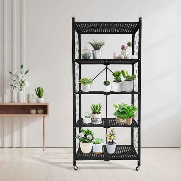 5-Storage Shelves with Foldable Metal Shelving Units Storage Racks, No Assembly Required Movable Storage Shelf Heavy Duty Shelves Kitchen, and Garage Storage Shelf(1 PACK)