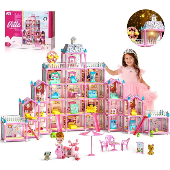 5 Stories Doll House, Cuopluber 29 Rooms Huge Dollhouse, Play House with Furniture, Light and Accessories, Play Set for Kids, 564Pcs Creative Doll House Christmas Toy Gift for 4-5 7-8 Year Old