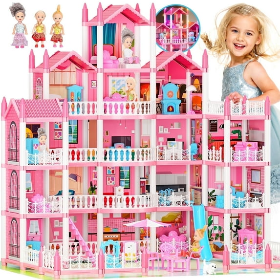5-Story Dream Doll House for Girls with 19 Rooms, Lights, Dolls, and Furniture - Large DIY Playhouse for Grils Ages 3-16 - Perfect Imaginative STEM Gift for Birthdays & Holidays & Christmas