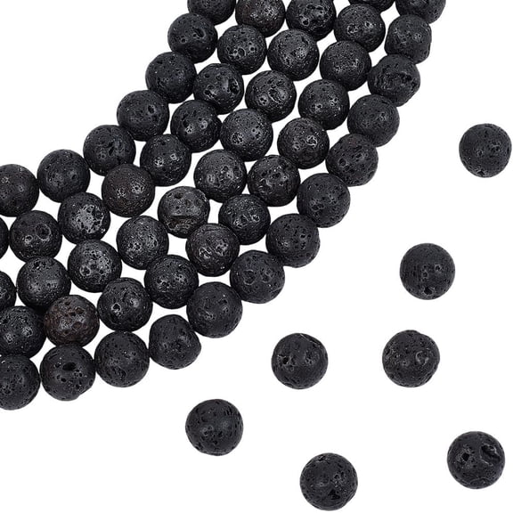 5 Strands 185PCS 10MM Black Lava Rock Beads with Holes Round Natural Stone Volcanic Gemstone Spacer Essential Oil Diffuser Bead