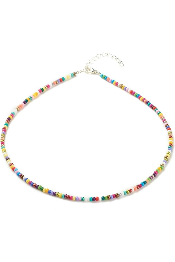 5 Strands Glass Seed Beaded Necklace Adjustable 15.94 Inch Boho Beaded Choker Rainbow Seed Bead Clavicle Necklace Jewelry for Women Summer