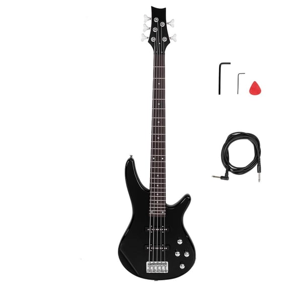 5 String Bass Guitar Kit Right Handed, Rosewood Fretboard Basswood Body Glossy Finish Includes Gig Bag Strap Cable Wrench Tool, Black