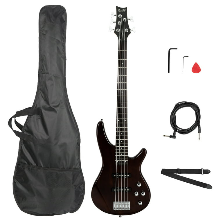 5 String Electric Bass Guitar GIB Bass Full Size with Bag Strap Pick  Connector Wrench Tool, Espresso