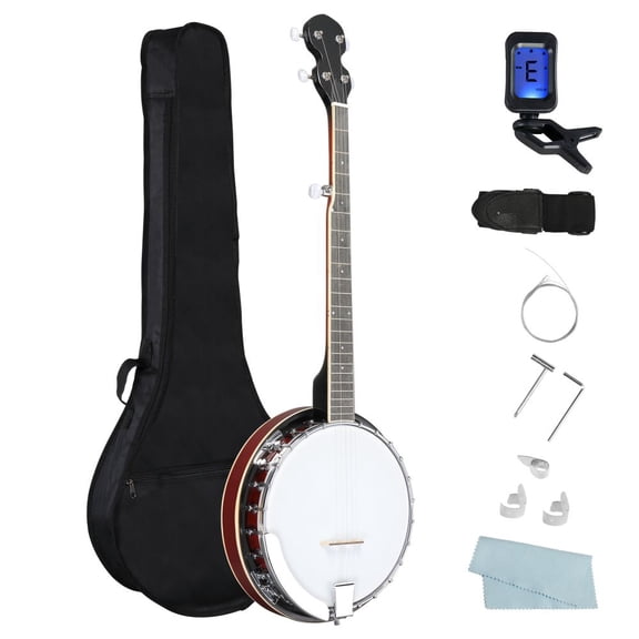 5 String Full Size Banjoes Set, Right Handed Beginner Banjo Kit with Tuner, Extra String, Finger Sleeve, Shoulder Strap and Carry Bag, for Adult Teenager, Walnut and White
