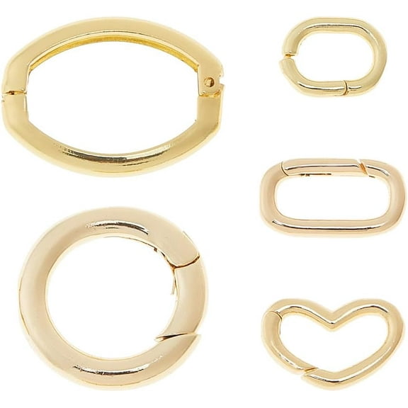 5 Styles 18K Gold Plated Spring Key Rings Brass Purse Ring Clip Triggers Heart Round Spring Gate Rings Oval Ring Clips for DIY Handbag Purse and Jewelry Connector