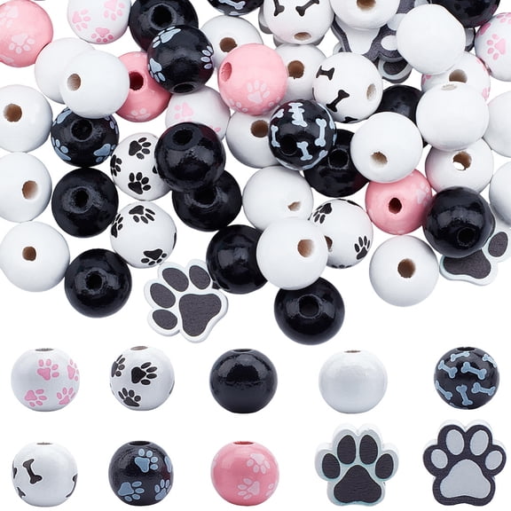 5 Styles 210PCS Dog Paw Print Beads with Large Holes Wood European Pet Animal Round Bone Pattern Charms Loose Bead DIY