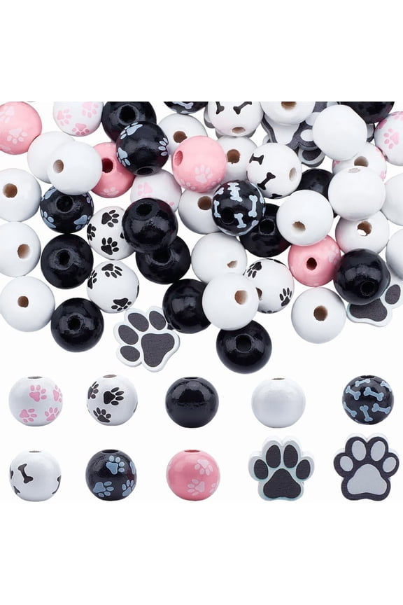 5 Styles 210PCS Dog Paw Print Beads with Large Holes Wood European Pet Animal Round Bone Pattern Charms Loose Bead