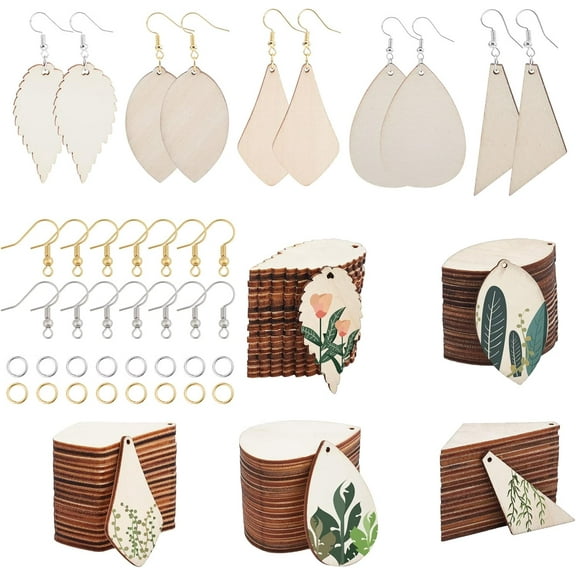 5 Styles 300Pcs Wooden Earring Charms Unfinished Natural Wood Leaf Teardrop Pendants with Earring Hooks & Jump Rings for Beginners DIY Earring Making Jewellery Crafts Adults