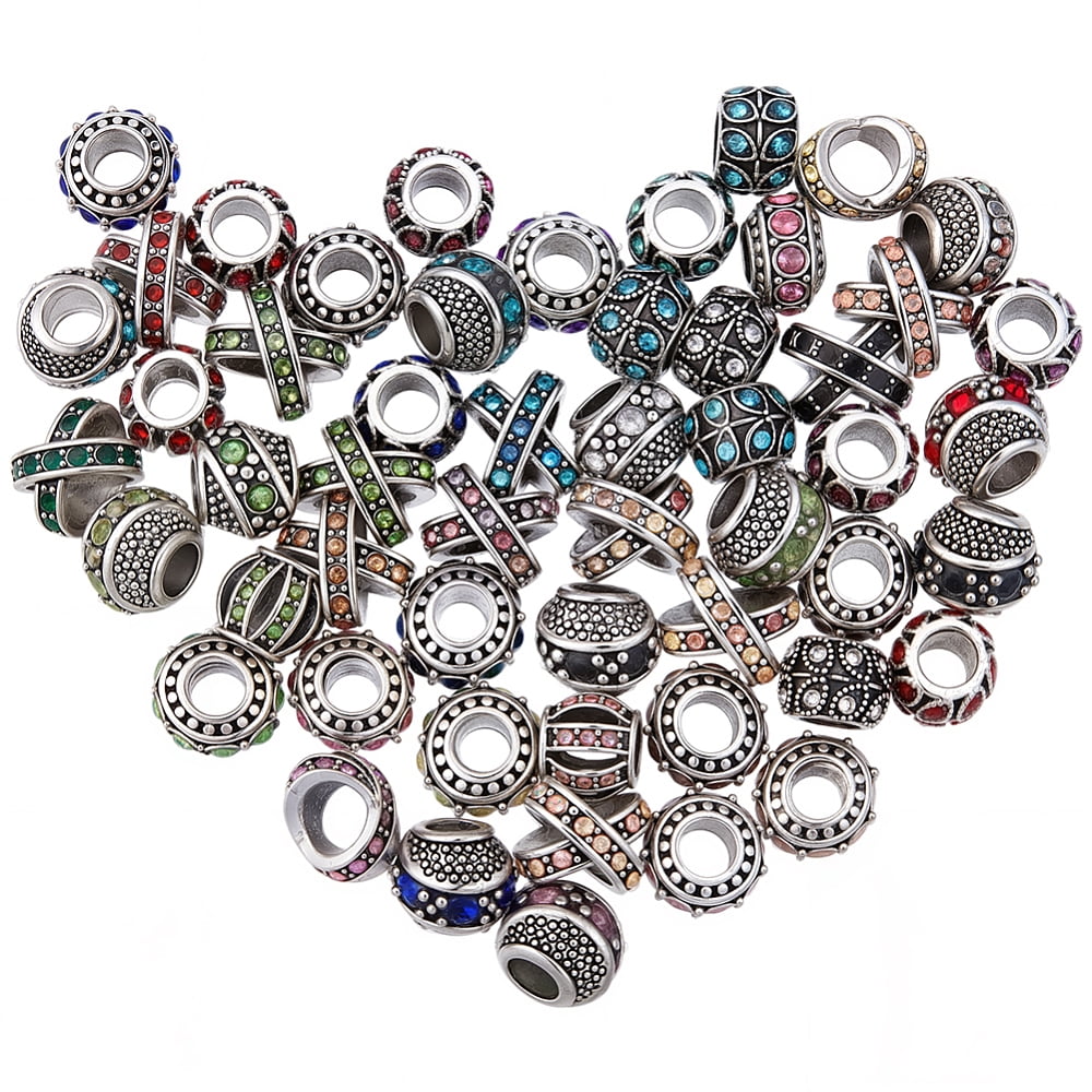 5 Styles 70PCS European Large Hole Beads Alloy Rhinestone Silver Barrel Letter X Rondelle Leaf Metal Charms Loose Spacer Bead