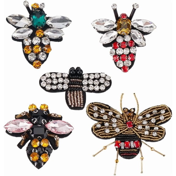 5 Styles Bee Iron on Patches Insect Bees Crystal Rhinestone Beaded Embroidered Fabric Sewing Applique Patch