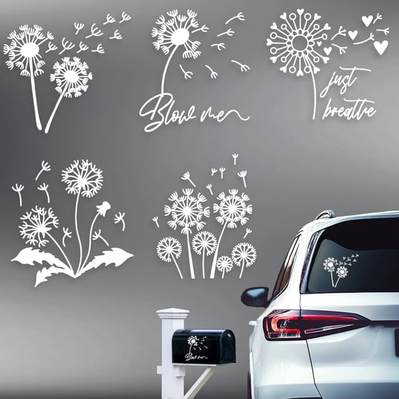 5 Styles Dandelion Car Stickers 6.1x5.83 Inches Reflective Flying Flowers Decals Beautiful Funny Bloom Flora Plastic Decoration Decals