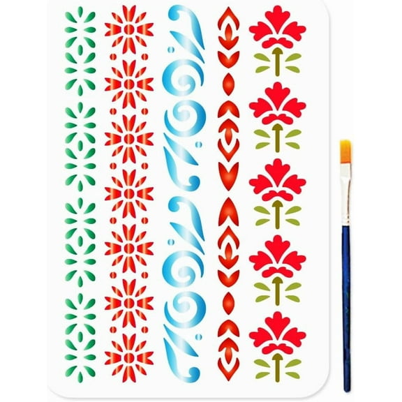 5 Styles Floral Border Stencil 11.7x8.3inch Flower Corner Border Template with Paint Brush Reusable Dividing Line Stencils for Wood Wall Window