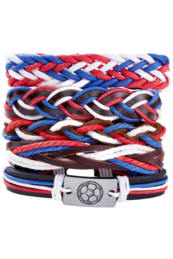 5 Styles Genuine Leather Wrap Soccer Bracelet Stackable Waxed Thread Wrist Cuff Wristbands Multilayer Adjustable Woven Hemp Rope Flag Bracelet DIY