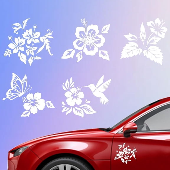5 Styles Hibiscus Flower Car Stickers 6.1x5.83 Inches White Hawaiian Decals Floral Vinyl Decoration Decals