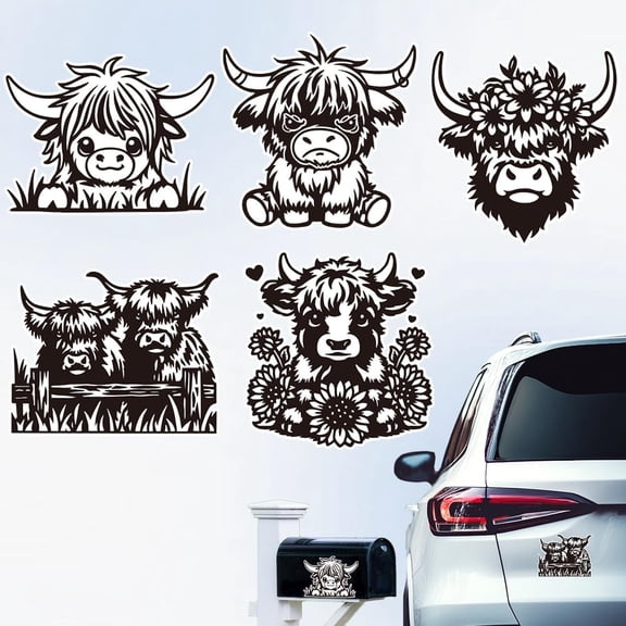 5 Styles Highland Cattle Car Stickers 6.1x5.83 Inches Reflective Animals Decals Vivid Cow Flowers Plastic Decoration Waterproof Decals